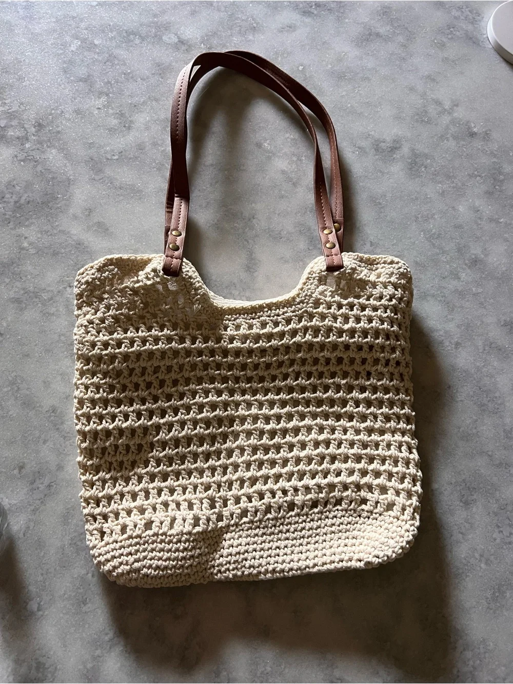 Woven Cream Tote Bag with Brown Handles